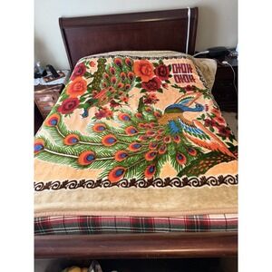 Vintage Korean Mink Blanket Peacock Reversible Plush Throw Floral Bedspread